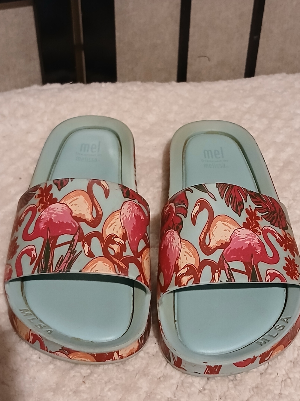 Mel by Melissa Light Blue Slides with Pink & Orange Flamingo Pattern